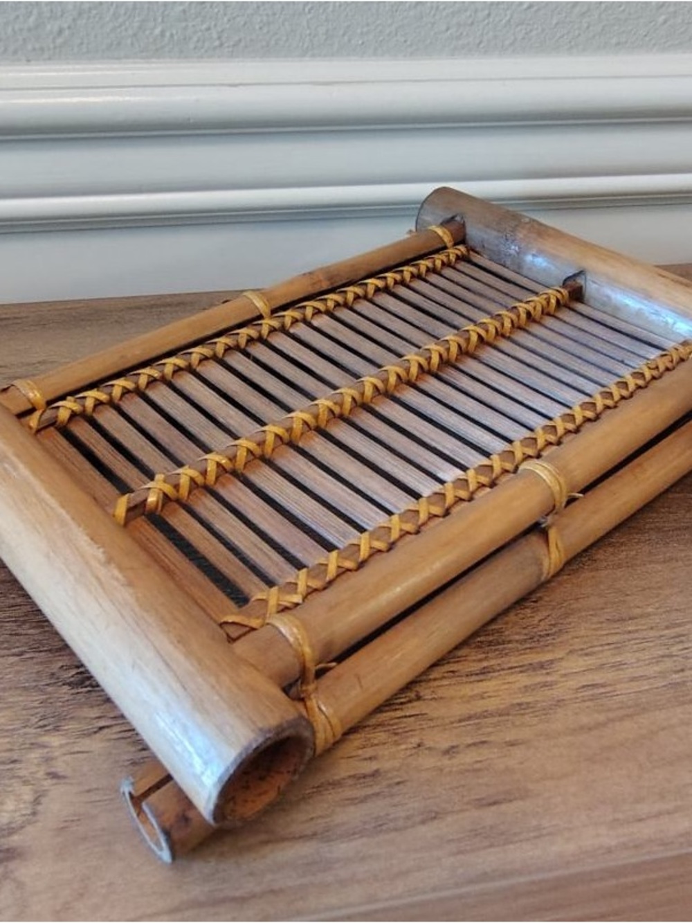 Vtg MCM Bamboo Japanese Cane Serving Tray Lap Tea Decorative Tray 10”